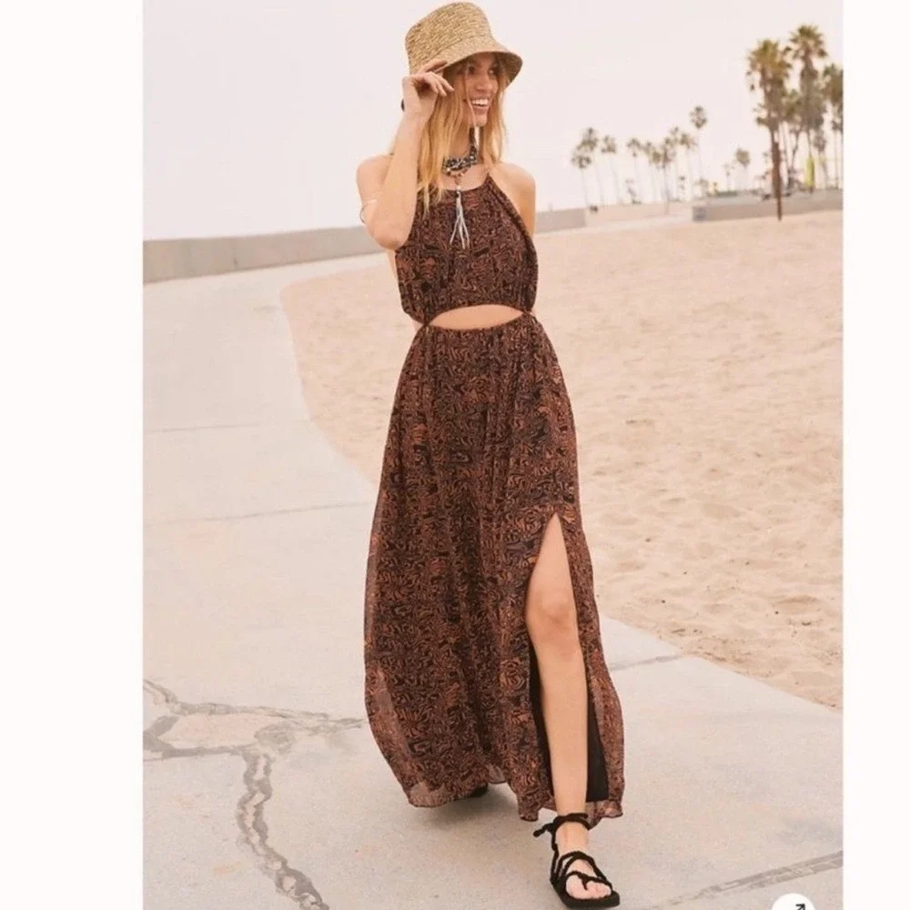 Free People Holy Smokes OOS rare sexy Maxi Dress Orange Black Boho Fall Size M - Picture 2 of 5